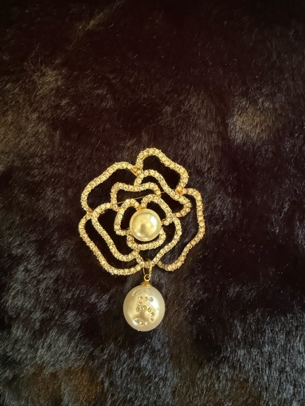 Gold-Tone Pearl Flower Brooch with Crystal Accents